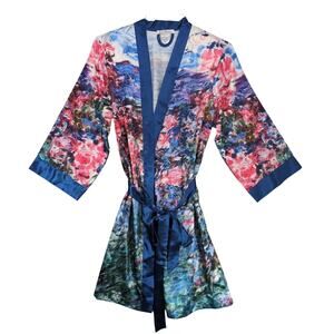 NWT Galleria Enterprises Watercolor Satin Kimono Robe, Women's M/L Tie Waist